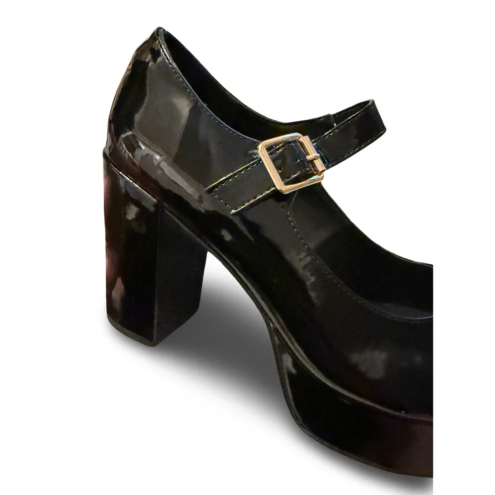 Coutgo Black Patent Leather Platform Mary Jane Block Heels Sz 11 NEW